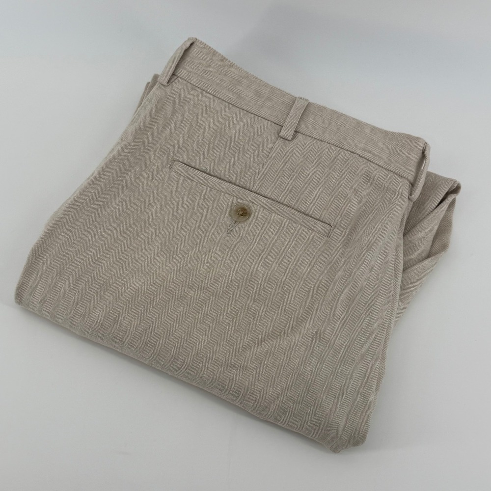 Mens Beige Linen Blend Herringbone Flat Front Dress Pants Trousers 34x30